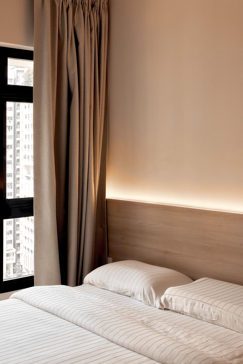 Scandinavian Bedroom with Wood Flooring and Queen Bed