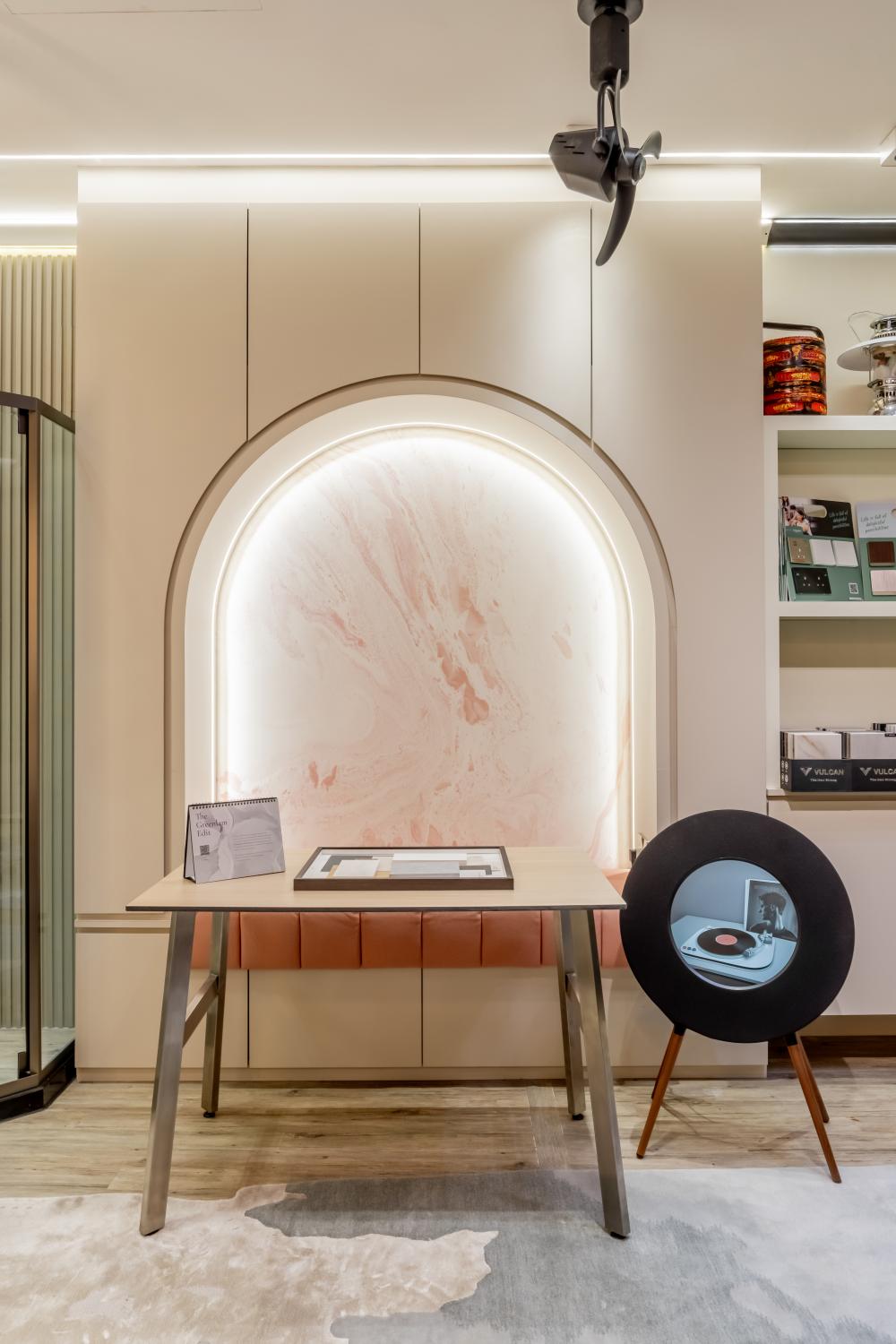 Contemporary Workstation with Bookshelf and Settee