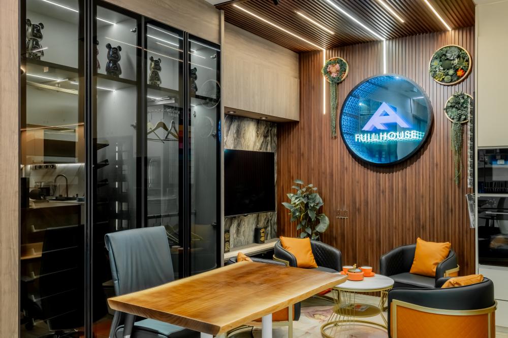 Contemporary Living Room with Feature Wall and Mirror