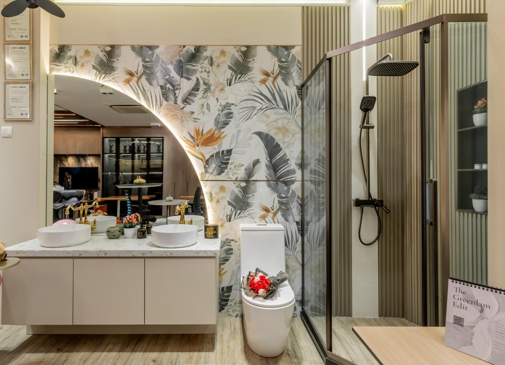 Contemporary Living Room with Countertop and Homogeneous Tiles