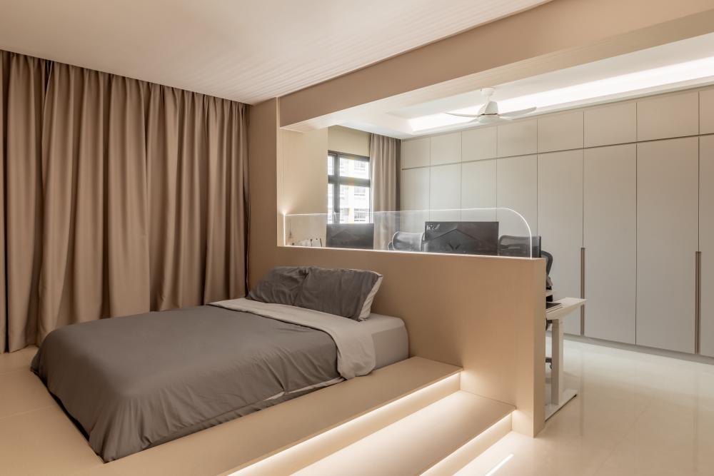 Contemporary Living Room with Platform Bed and Homogeneous Tiles