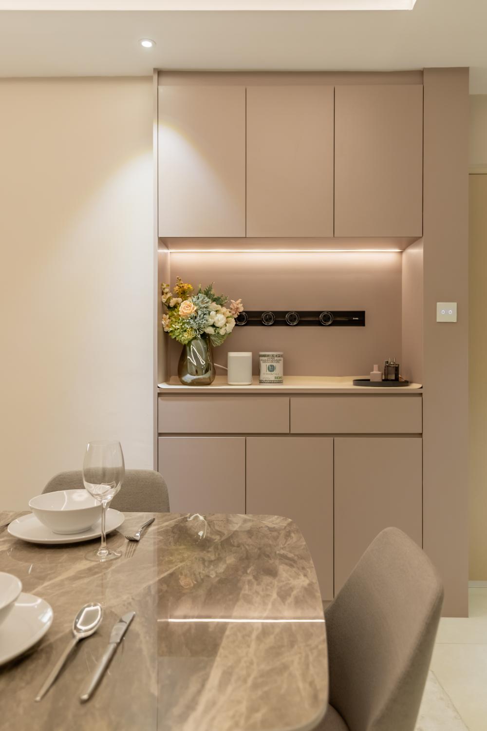 Contemporary Living Room with Cove Lighting and Dining Table