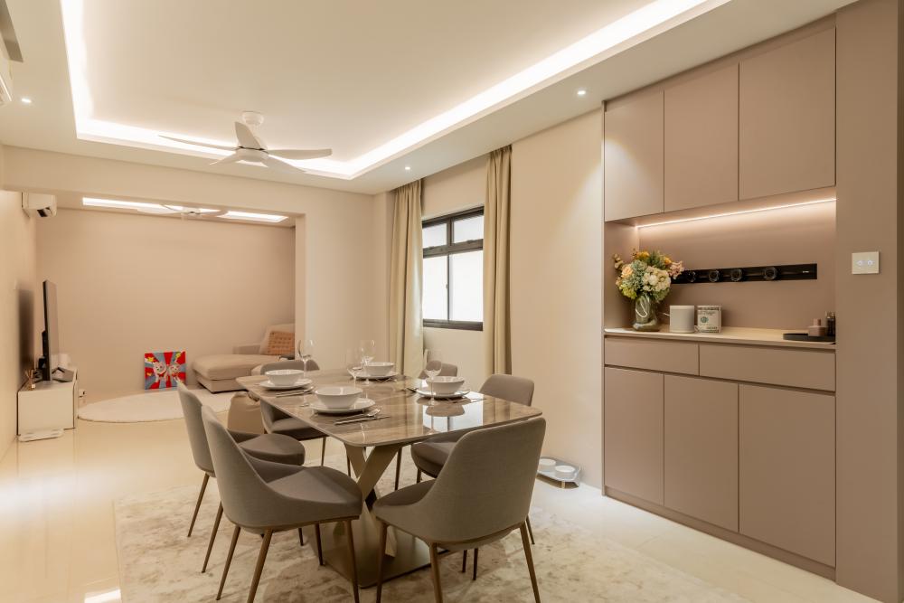 Contemporary Restaurant with Cove Lighting and Dining Table