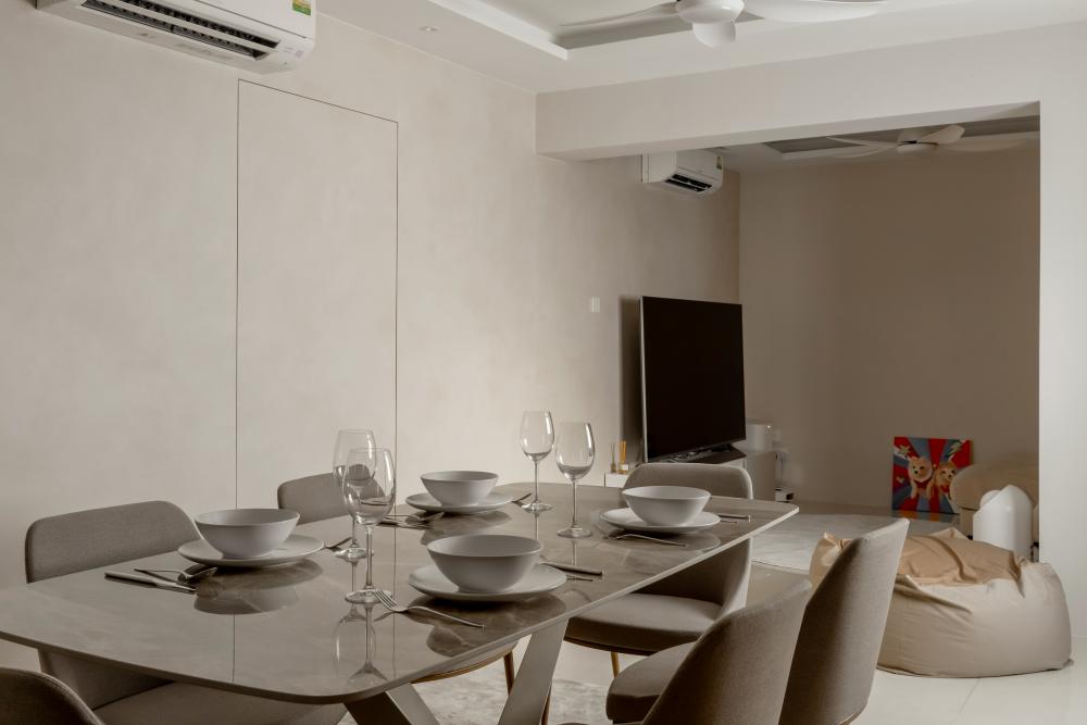 Contemporary Dining Room with TV Console and Feature Wall