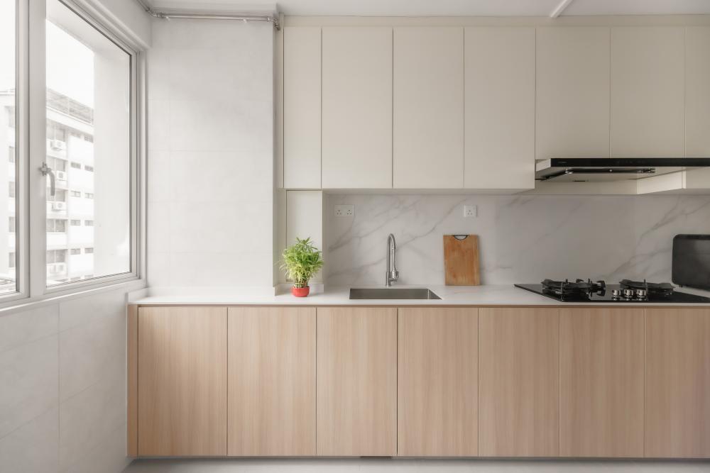 Scandinavian Kitchen with Countertop and Homogeneous Tiles