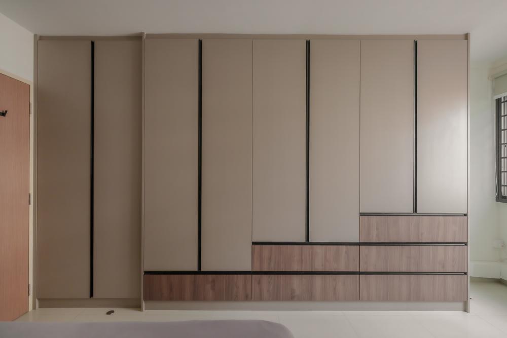 Scandinavian Living Room with Homogeneous Tiles and Wardrobe