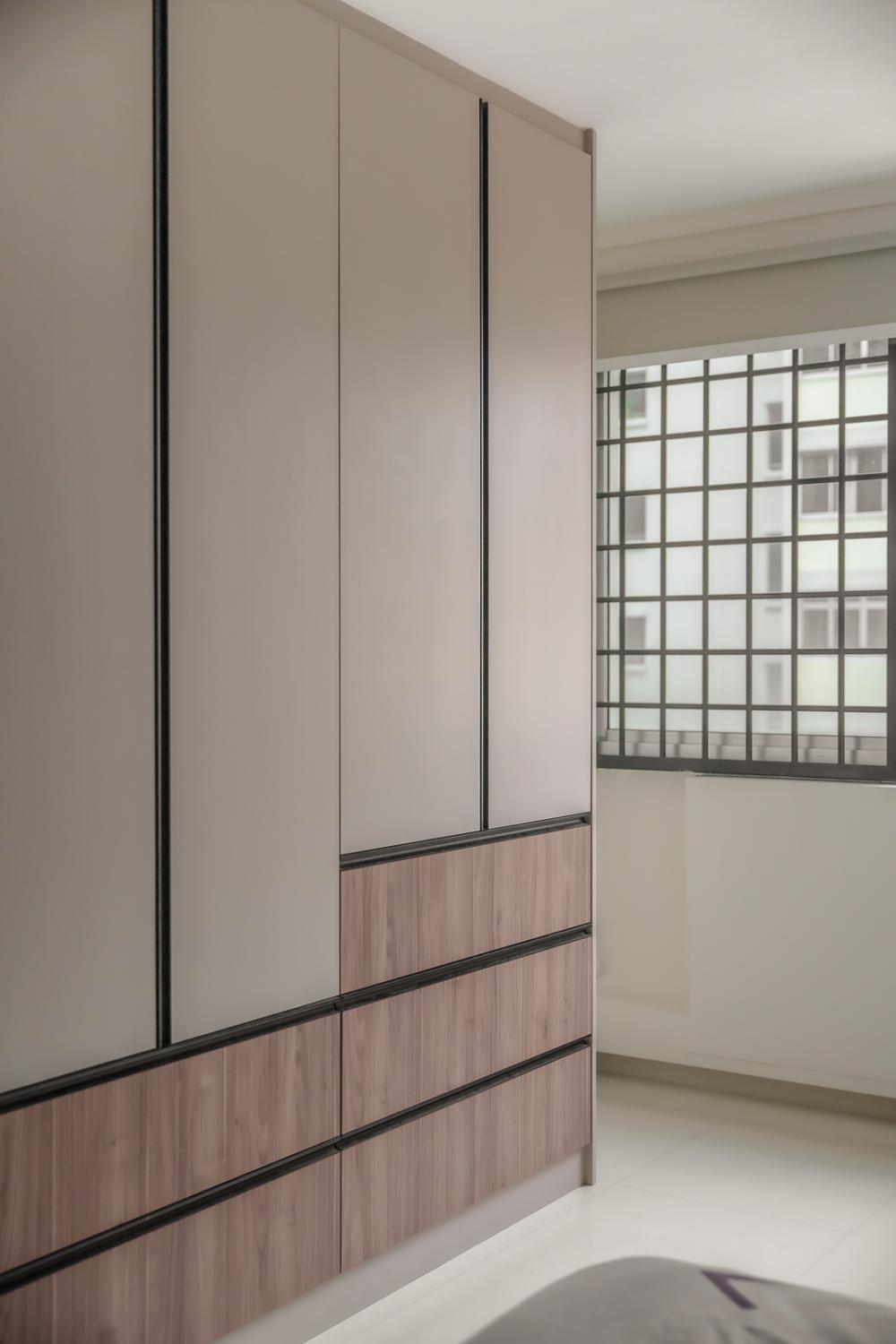 Scandinavian Living Room with Homogeneous Tiles and Wardrobe