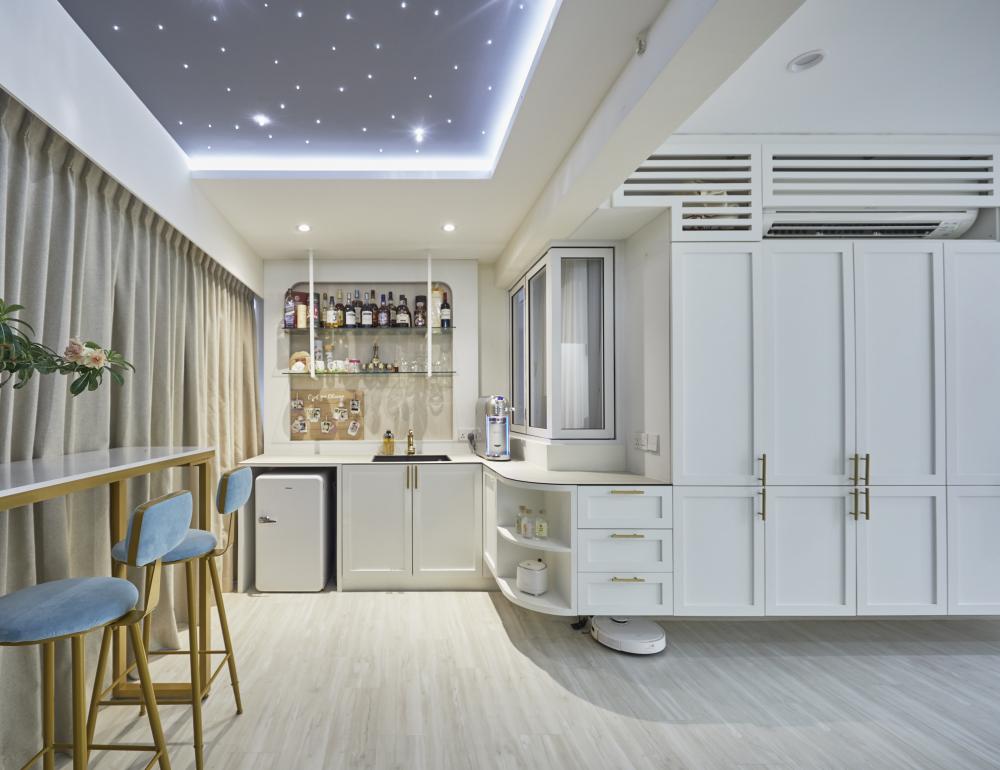 Scandinavian Living Room with Marble Floor and TV Console
