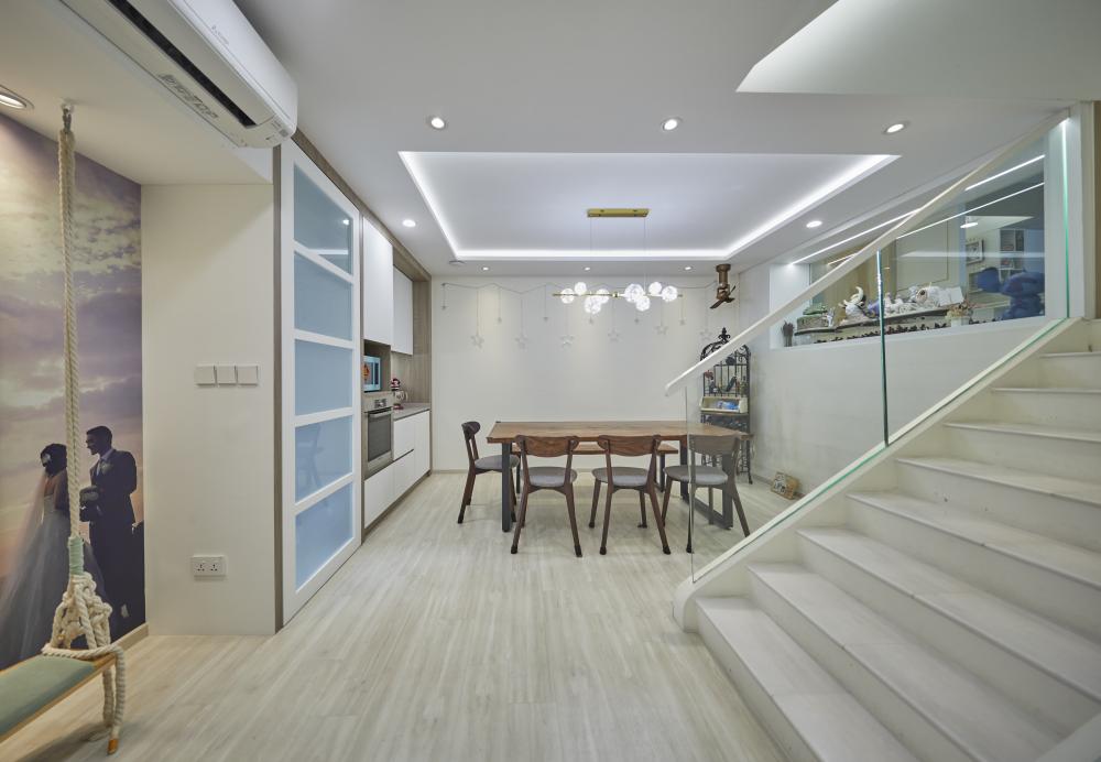 Scandinavian Dining Room with Cove Lighting and Drop Ceiling