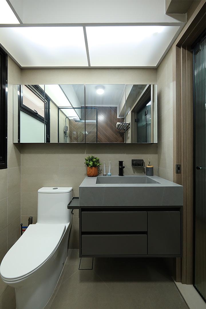 Minimalist Bathroom with Cement Floor and Mirror