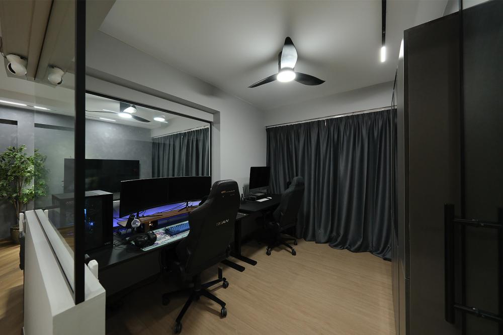 Minimalist Home Office with Wallpaper and Desk Chairs