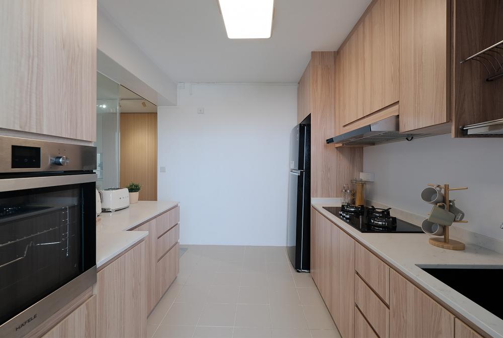 Scandinavian Kitchen with Vinyl Flooring and Cement Floor