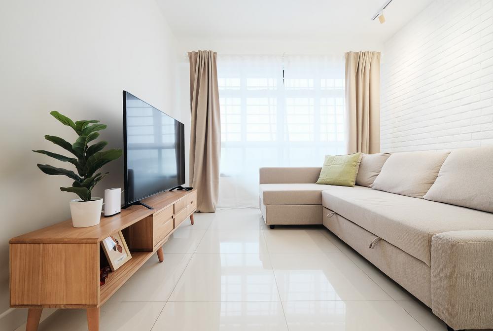 Scandinavian Living Room with TV Console and Feature Wall