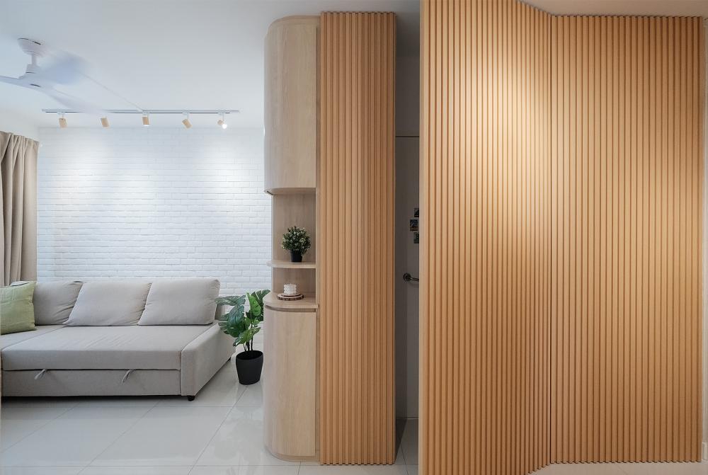 Scandinavian Living Room with TV Console and Feature Wall