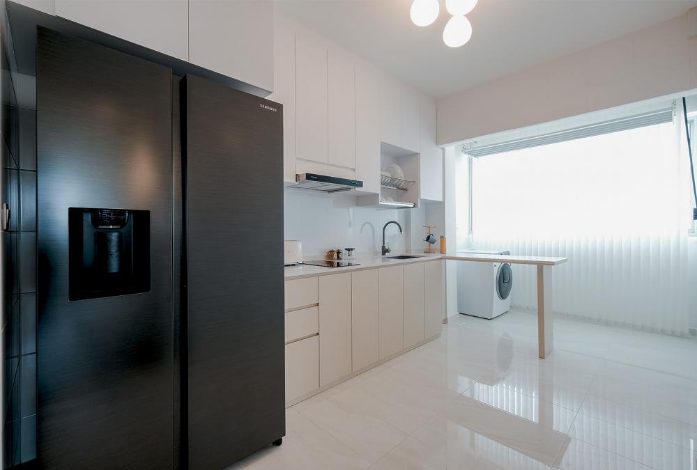 Minimalist Kitchen with Cement Floor and Kitchen Window