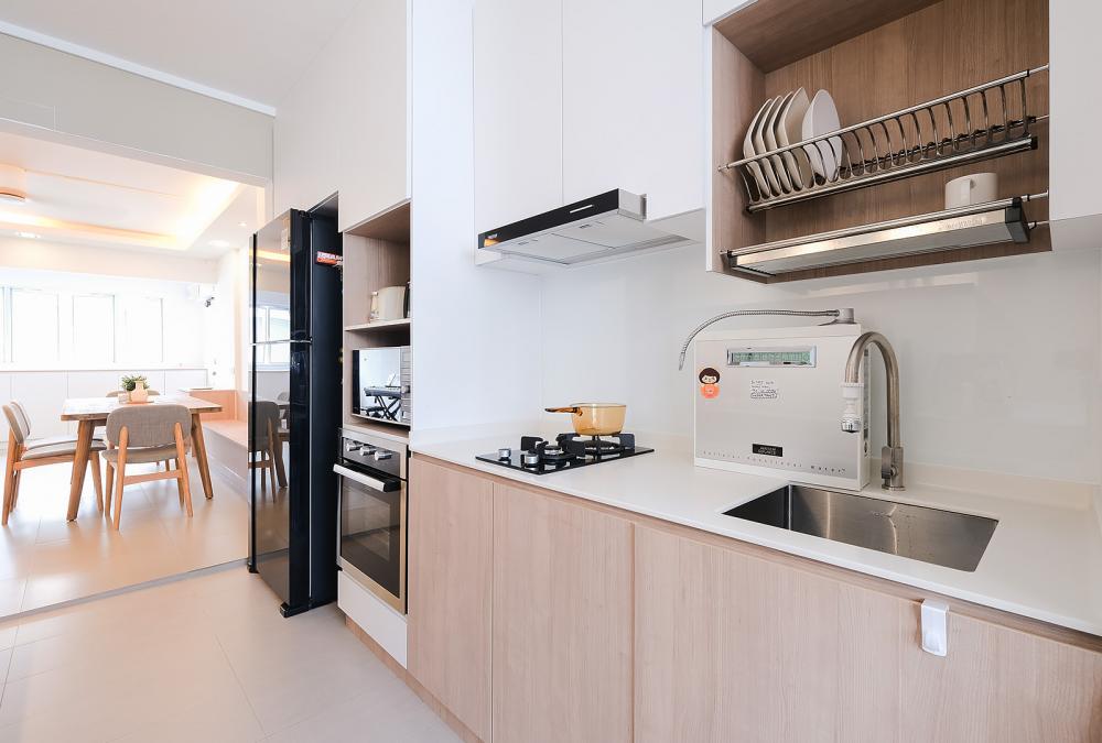 Scandinavian Kitchen with Cement Floor and Kitchen Window