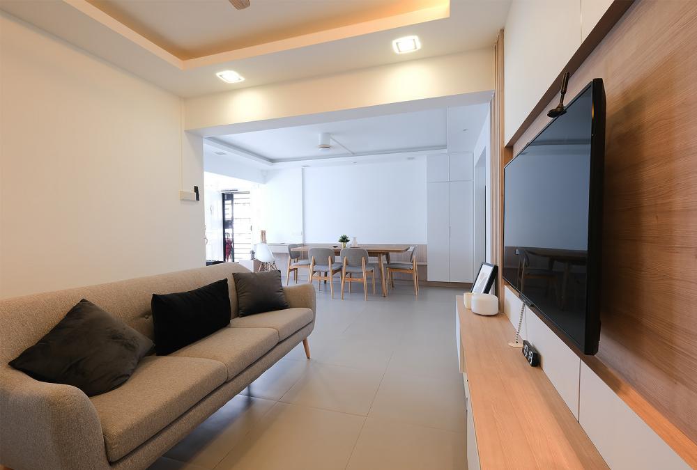 Scandinavian Living Room with TV Console and Feature Wall