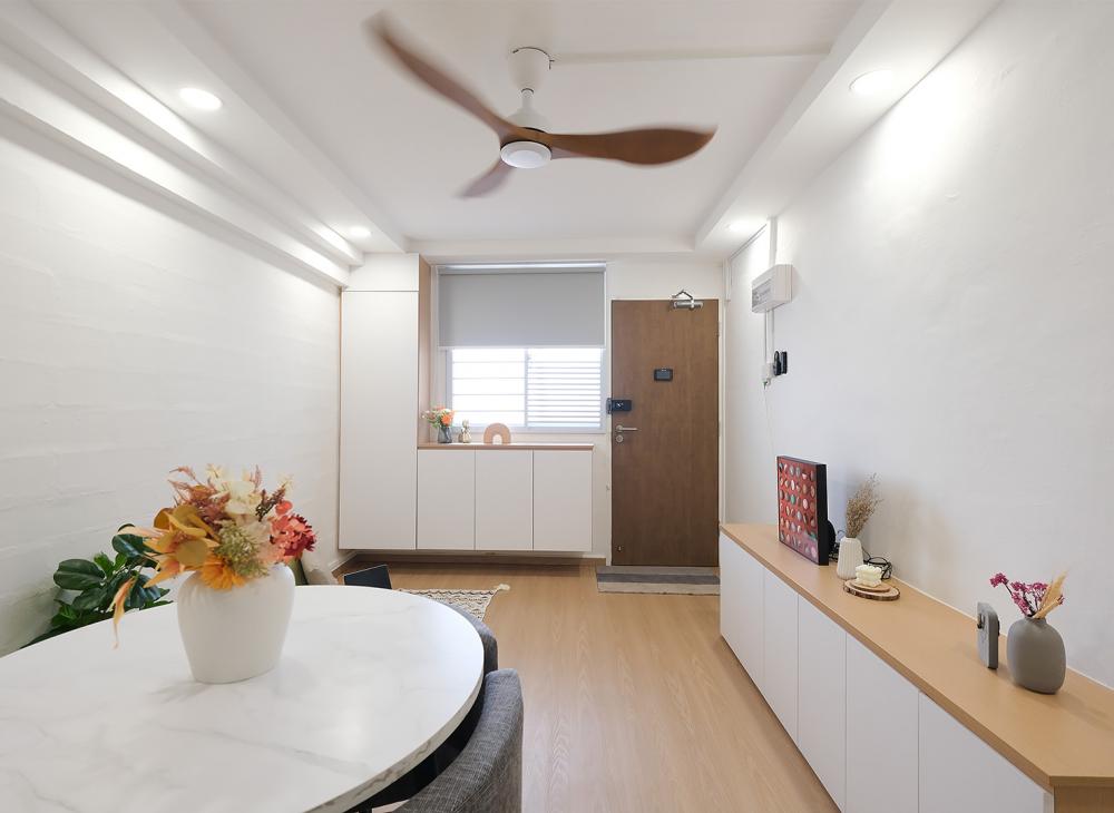 Scandinavian Hallway with Bookshelf and Artwork