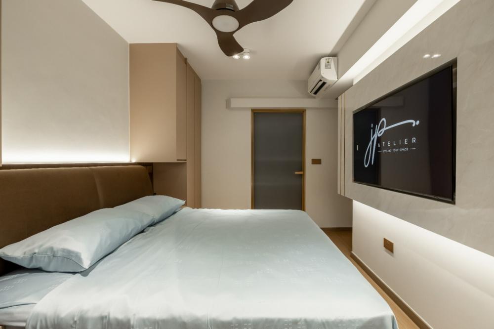 Modern Bedroom with Vinyl Flooring and Feature Wall