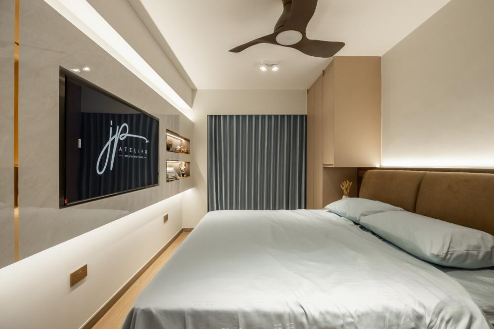 Modern Bedroom with Bookshelf and Vinyl Flooring
