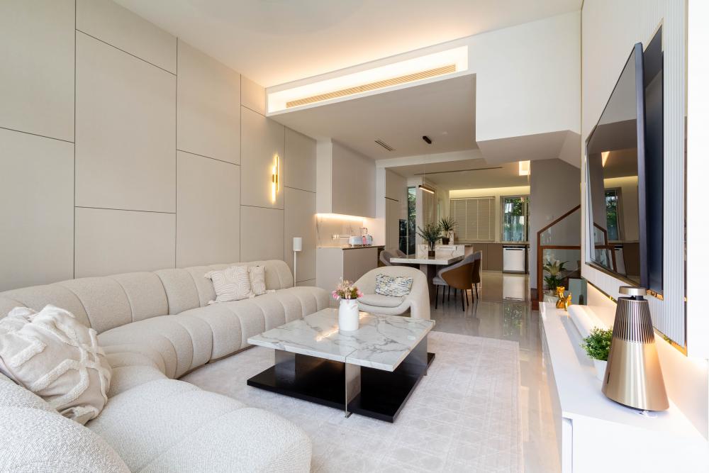 Modern Living Room with Ceiling Light and Dining Table