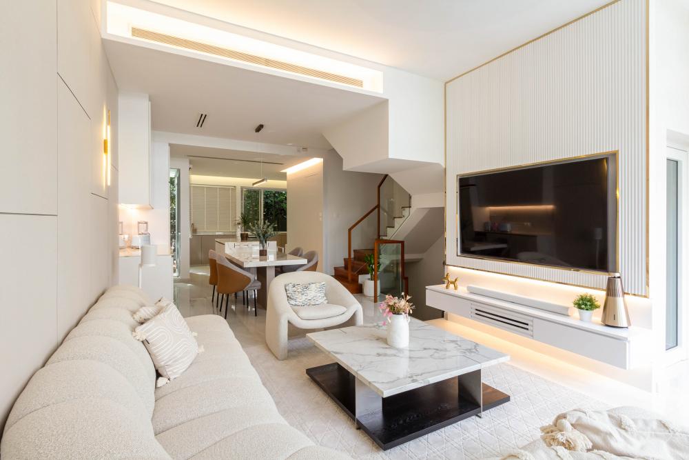 Modern Living Room with Ceiling Light and Dining Table
