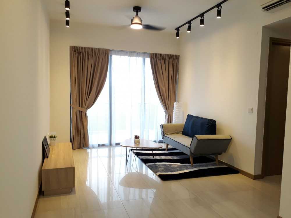 Minimalist Living Room with Homogeneous Tiles and TV Console