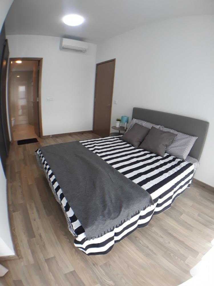 Minimalist Bedroom with Vinyl Flooring and Queen Bed