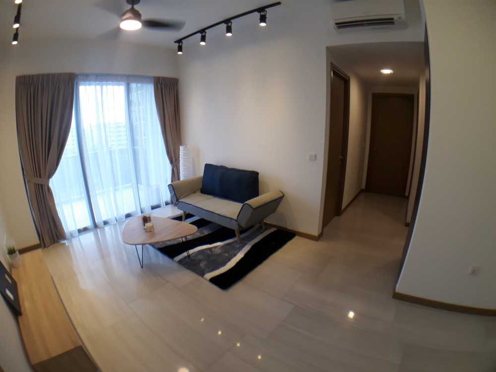 Minimalist Living Room with Homogeneous Tiles and Curtain