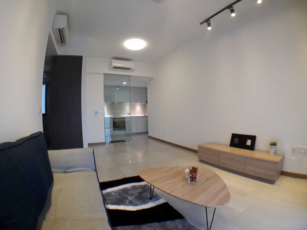 Minimalist Living Room with Homogeneous Tiles and TV Console