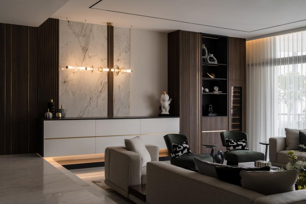 Contemporary Living Room with Feature Wall and Mirror