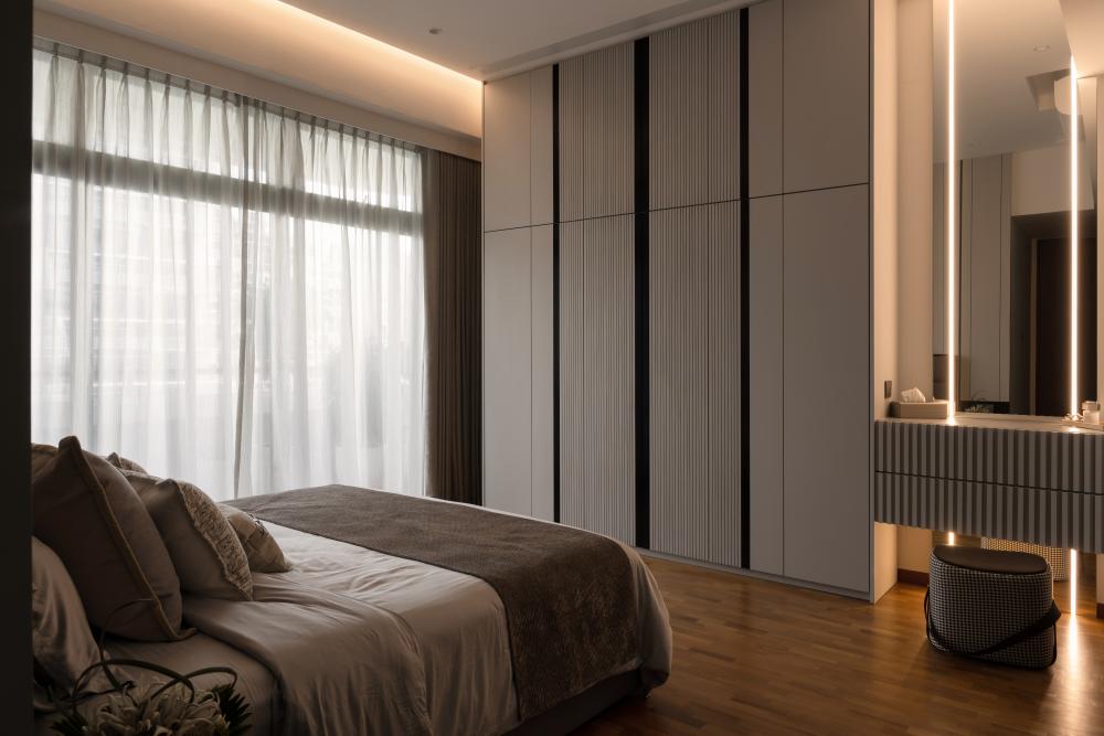 Contemporary Bedroom with Marble Floor and Wood Flooring