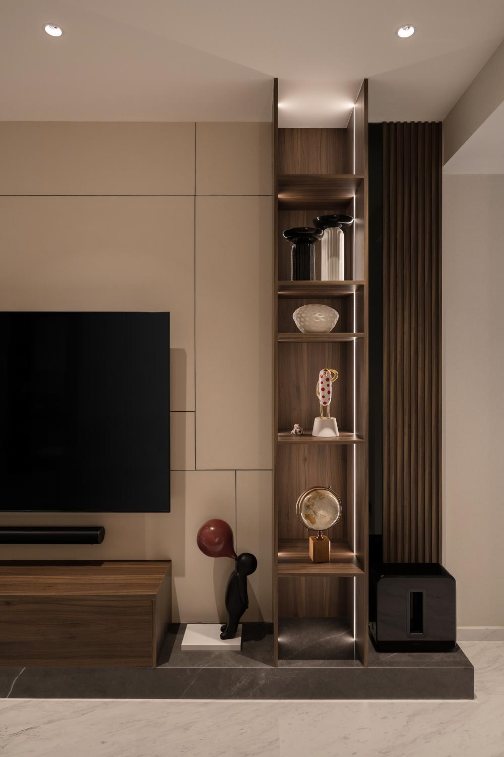 Contemporary Living Room with Marble Floor and Feature Wall