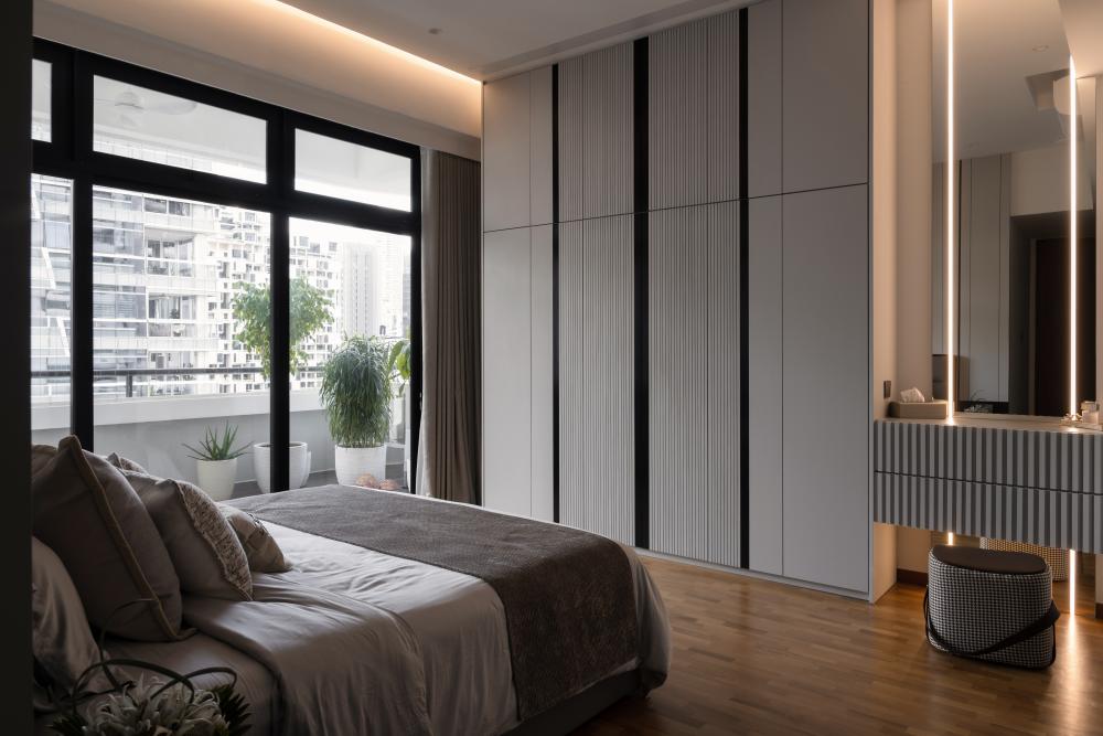 Contemporary Bedroom with Marble Floor and Wood Flooring