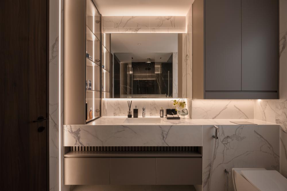 Contemporary Bathroom with Marble Floor and Wood Flooring