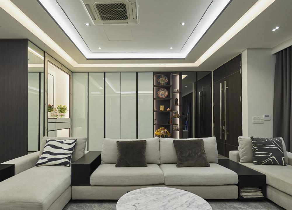 Scandinavian Living Room with Mirror and Downlights