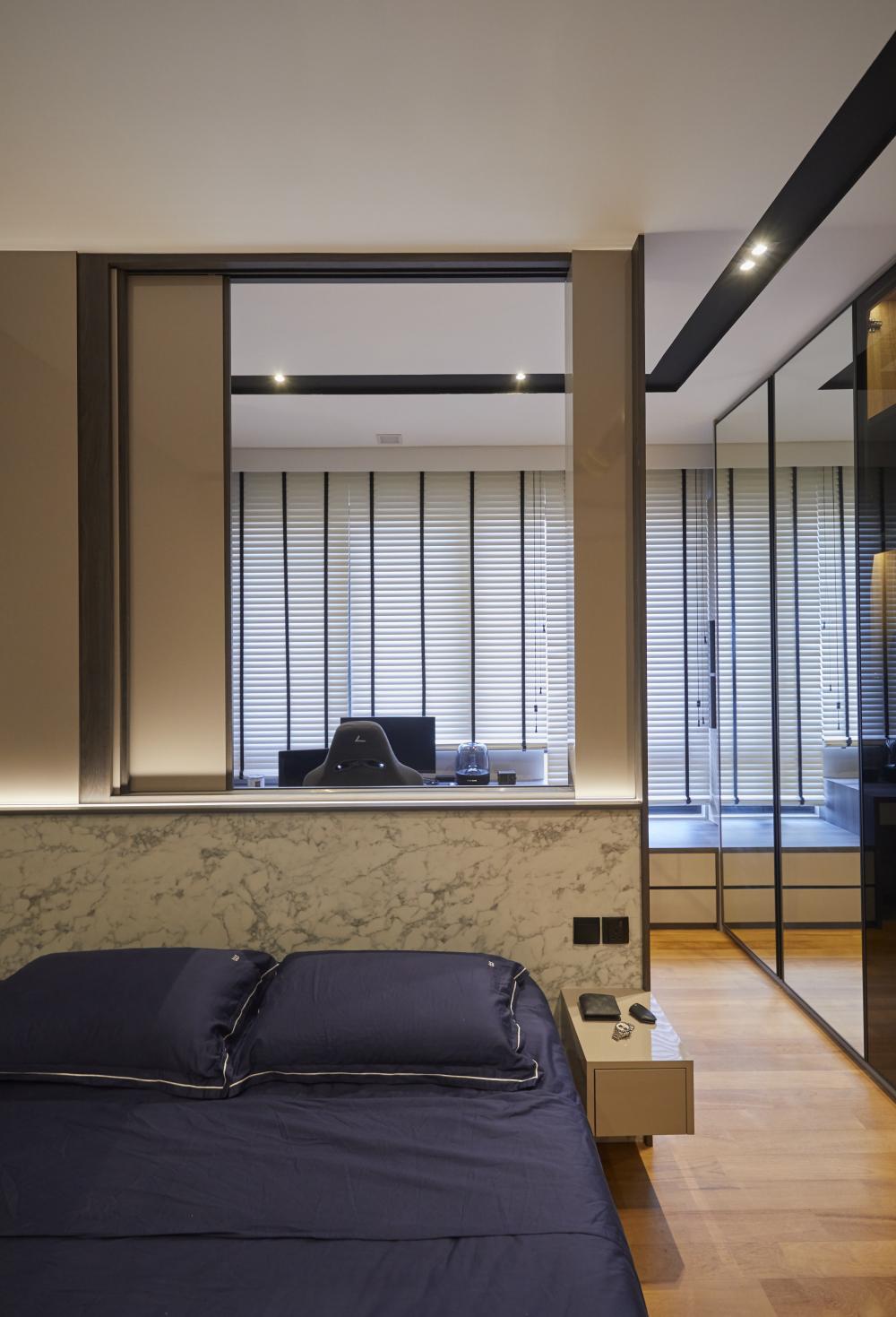 Scandinavian Bedroom with Marble Floor and Wood Flooring