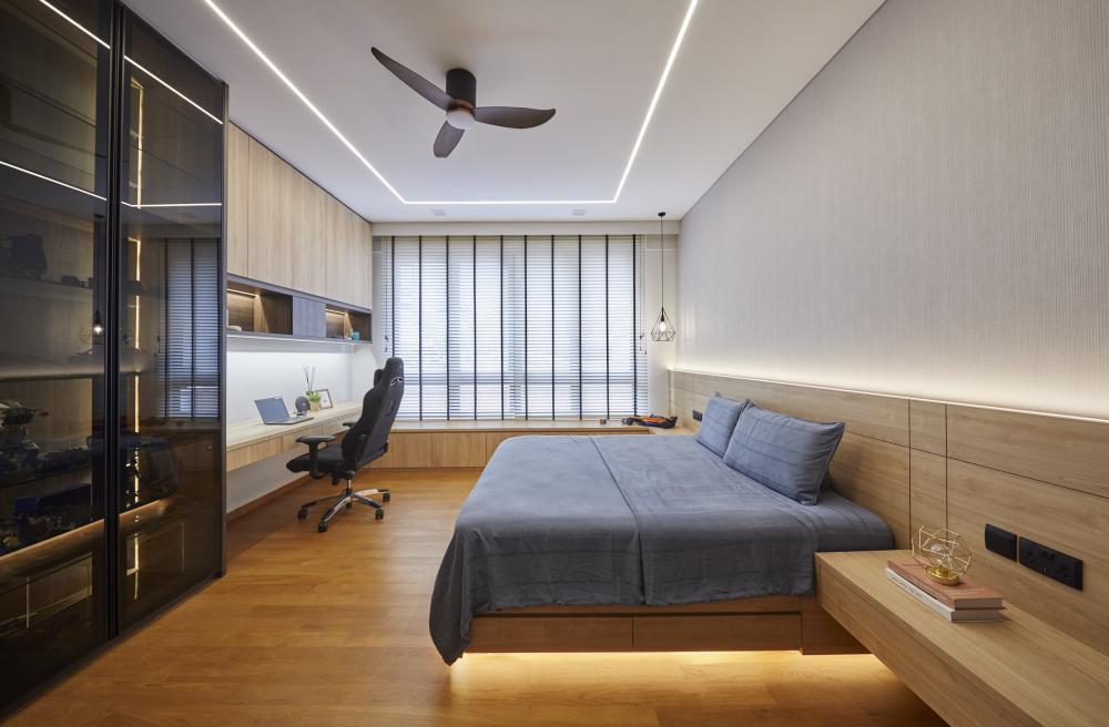 Scandinavian Bedroom with Cove Lighting and Chandelier