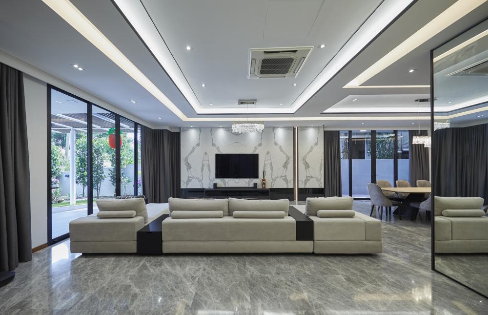 Scandinavian Living Room with Feature Wall and Drop Ceiling