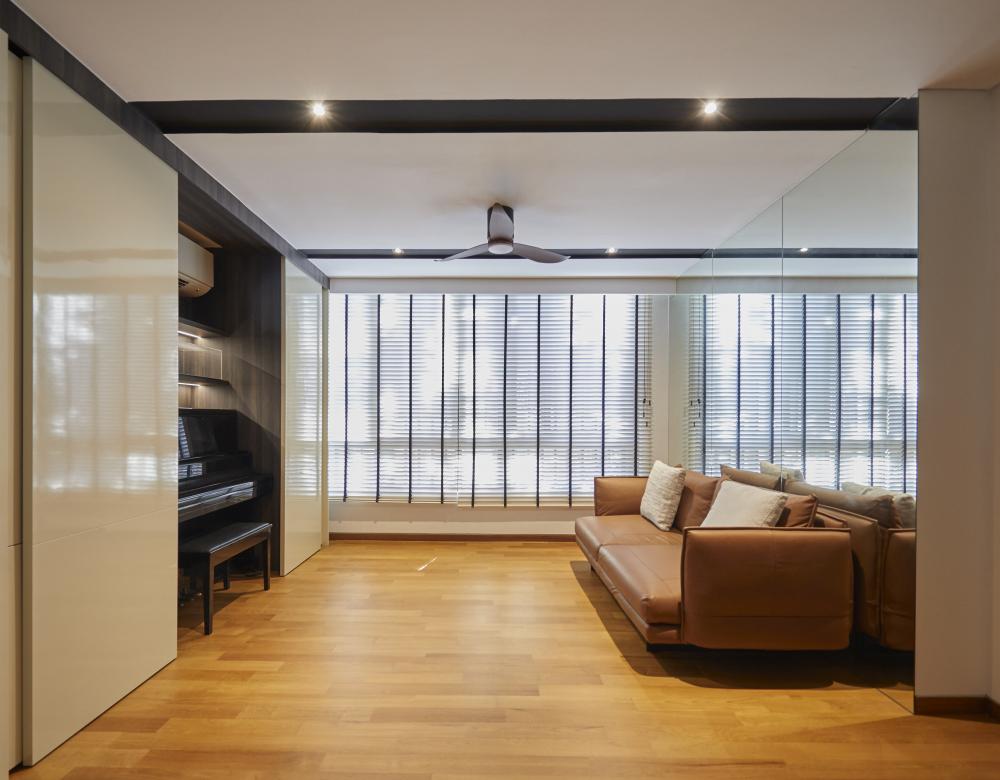 Scandinavian Bedroom with Herringbone Tiling and Wood Flooring