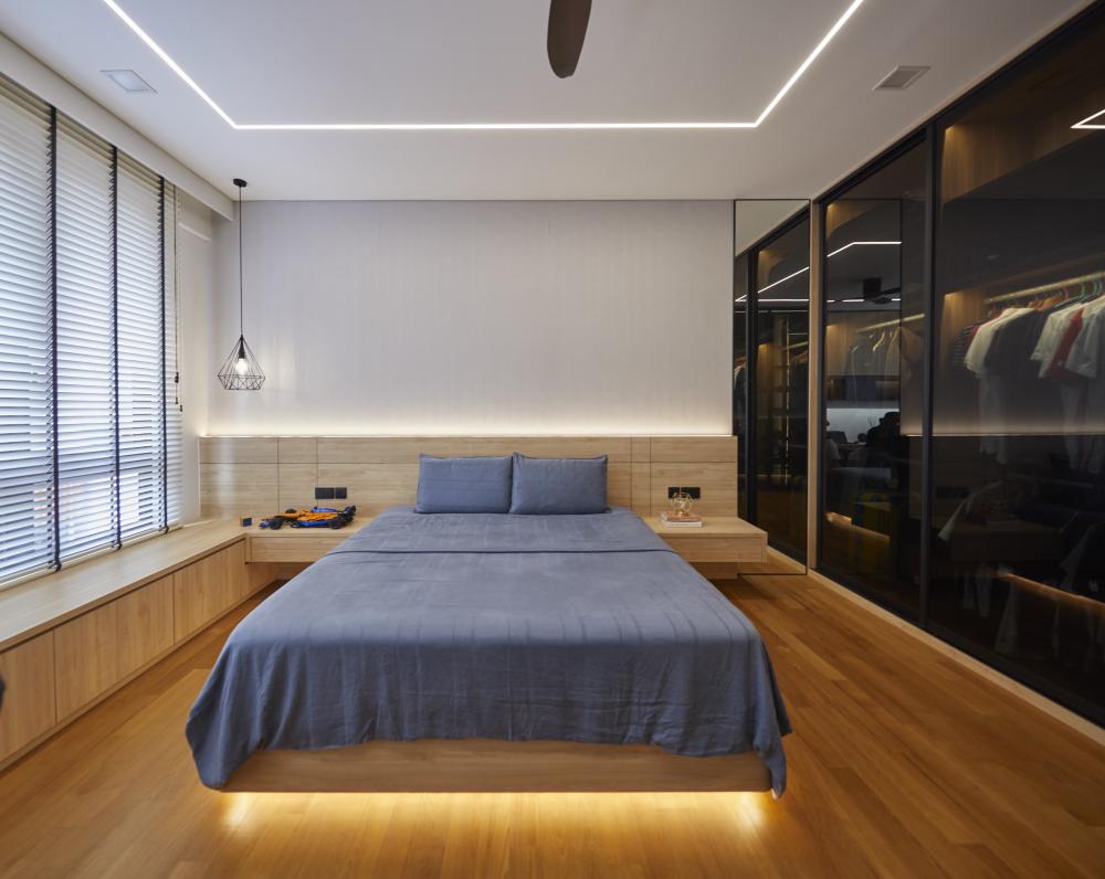 Scandinavian Bedroom with Herringbone Tiling and Wardrobe