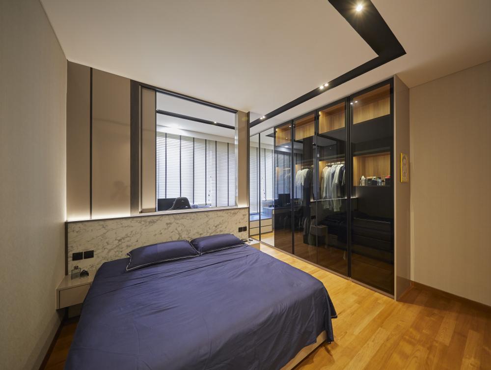 Scandinavian Bedroom with Marble Floor and Ceiling Light