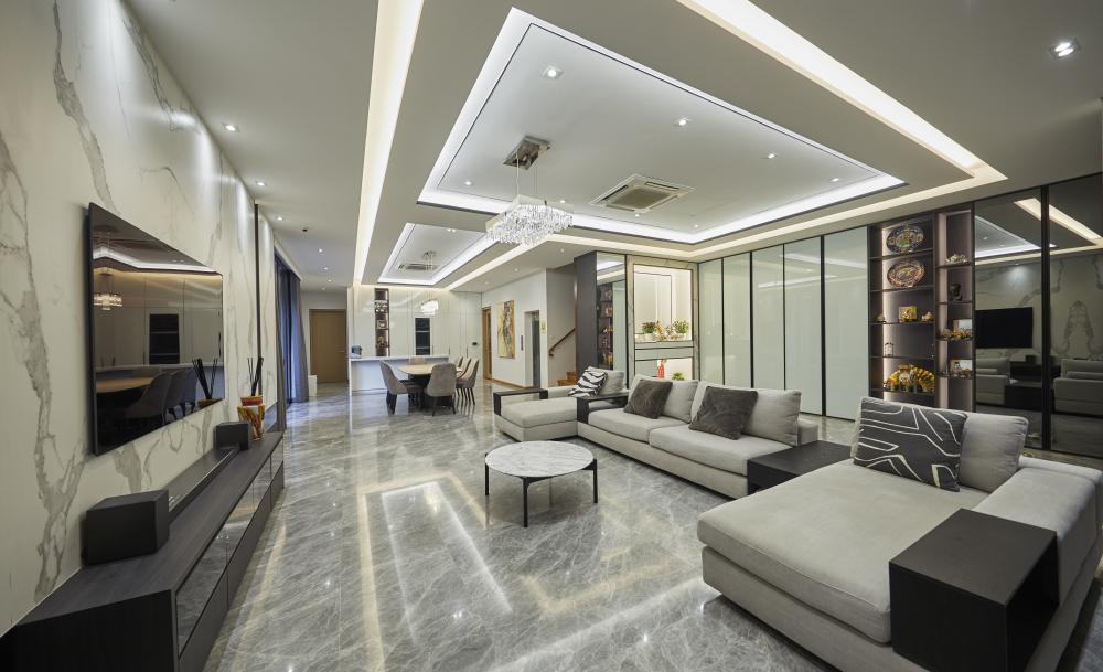 Scandinavian Living Room with Mirror and Drop Ceiling