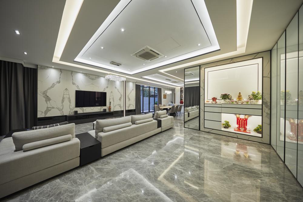 Scandinavian Living Room with Granite Floor and Feature Wall