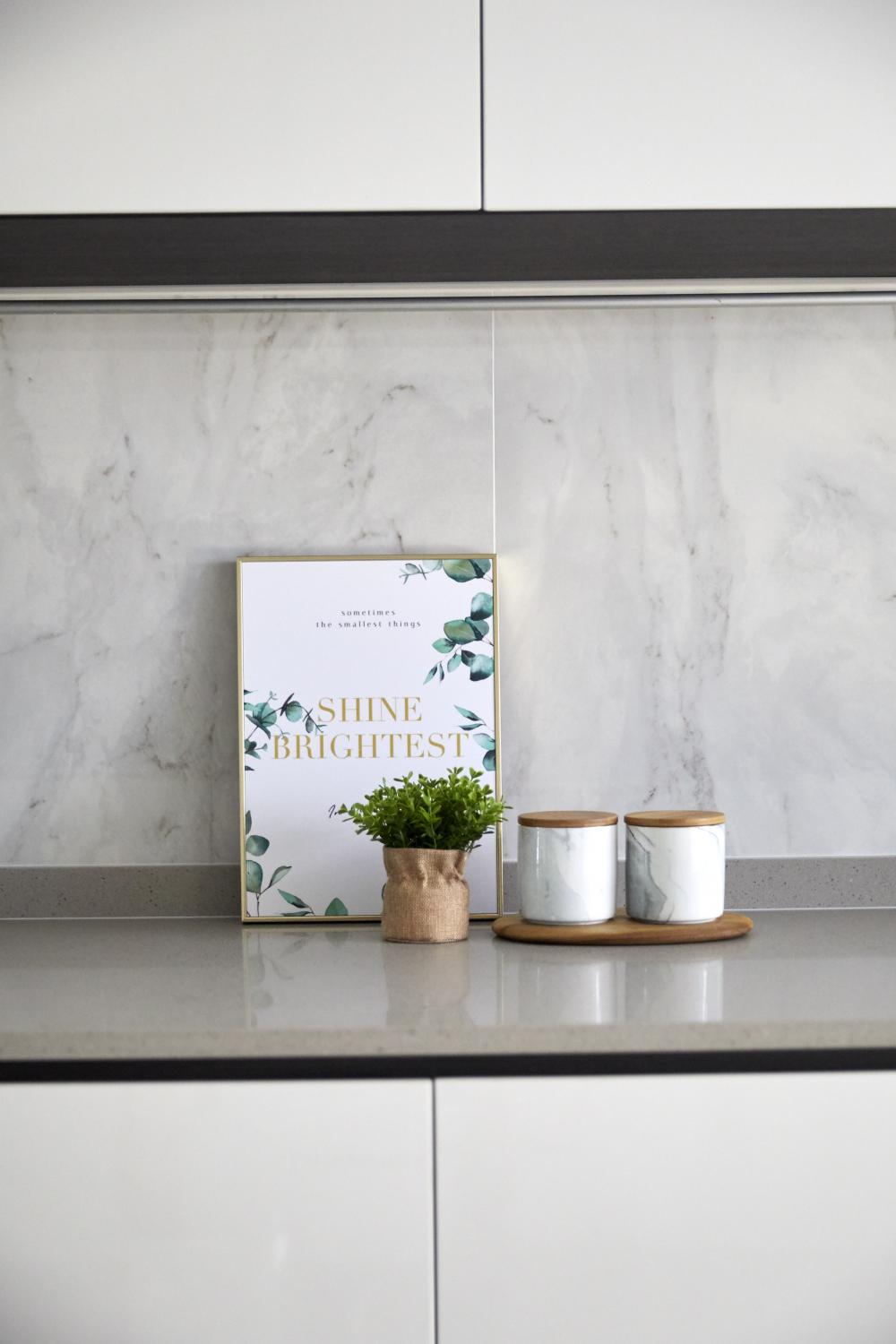 Scandinavian Kitchen with Herringbone Tiling and Marble Floor