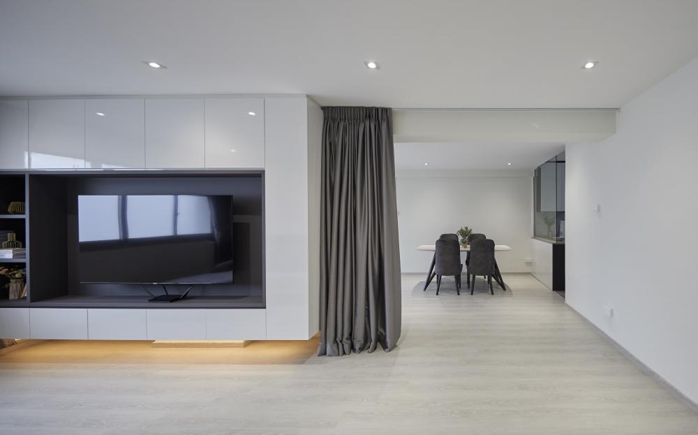 Scandinavian Living Room with Granite Floor and Feature Wall