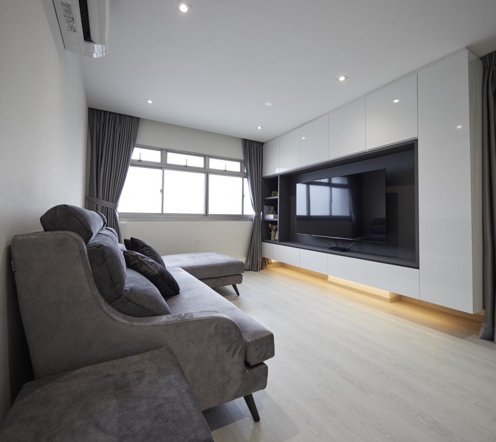 Scandinavian Living Room with Granite Floor and TV Console