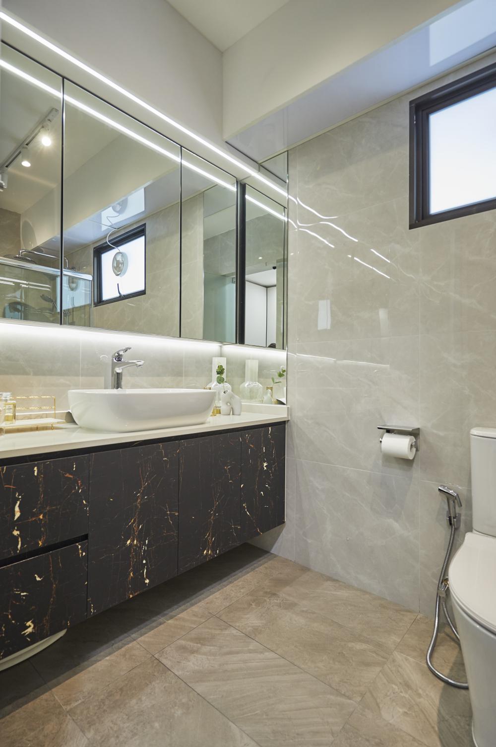 Scandinavian Bathroom with Marble Floor and Mirror