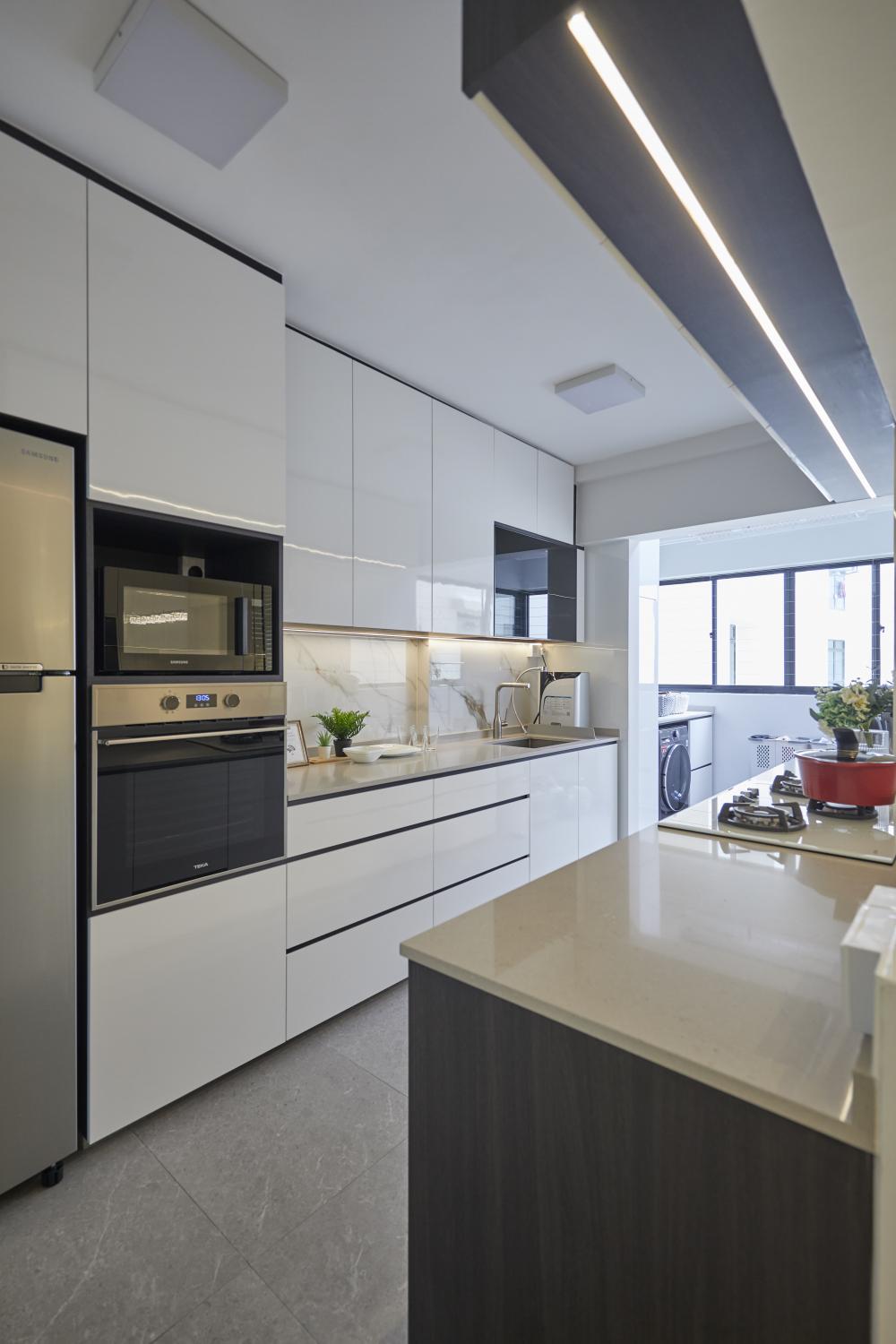 Scandinavian Kitchen with Herringbone Tiling and Wood Flooring