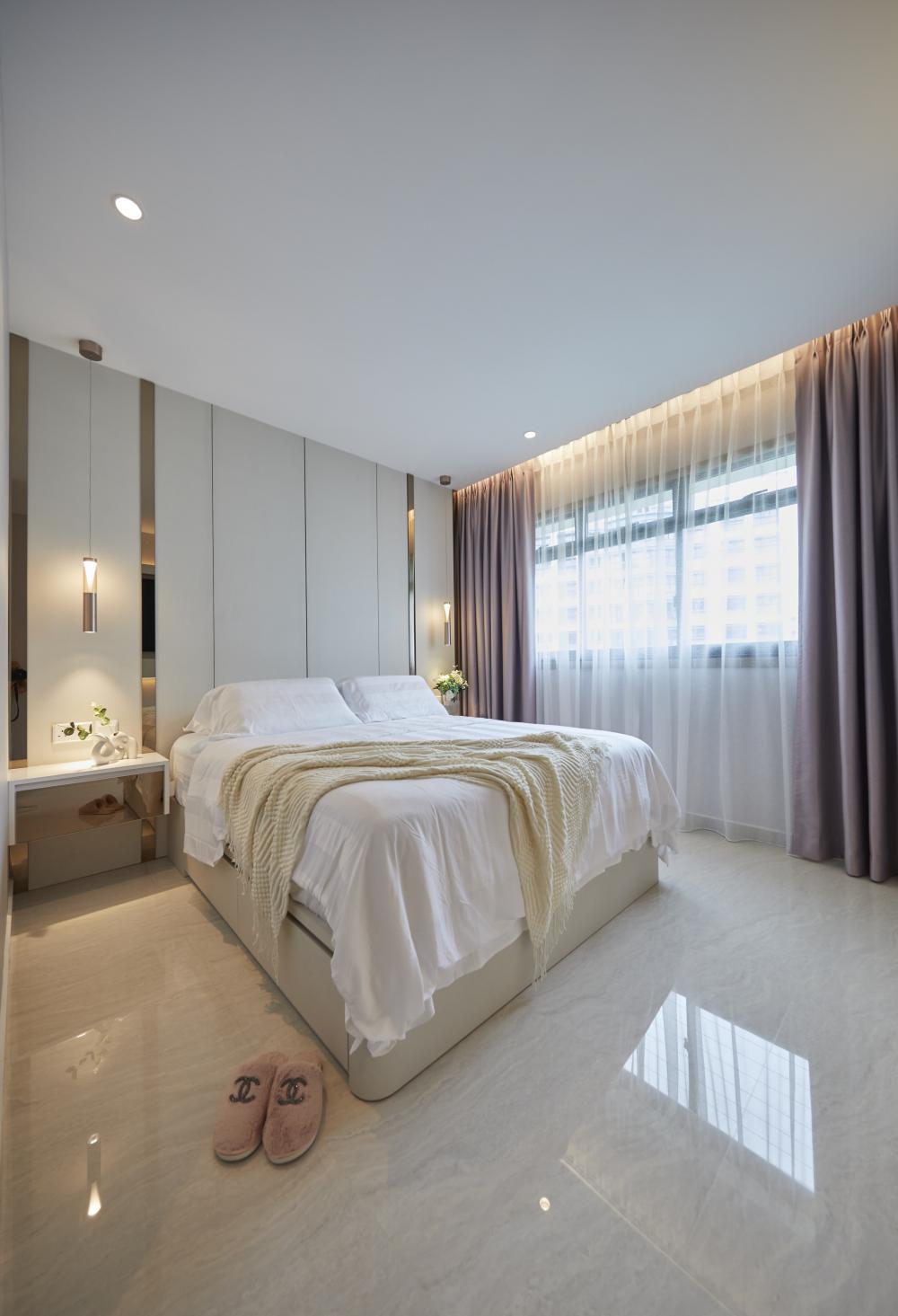 Scandinavian Bedroom with Wood Flooring and Drop Ceiling